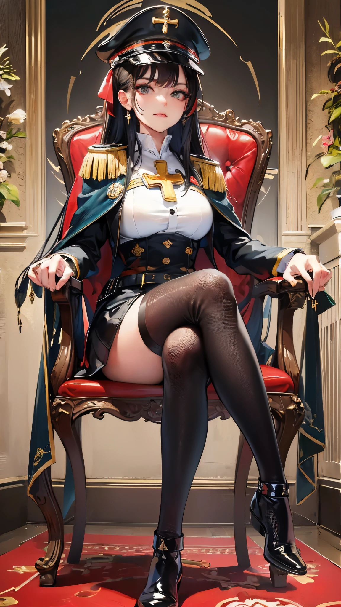 ((Highest quality)),(Ultra-high resolution),(Super detailed),(Detailed Description),((The best CG)),(masterpiece),Highly detailed art,(Contemporary art with precise details:1.5), (Female generals:1.7),(Cool Beauty:1.6),(Tight military uniform:1.6),(sneer:1.6),Patent leather long boots:1.5,Glorious Awards:1.4,((Sit on a chair and cross your legs:1.5)),(Point with chin:1.4)