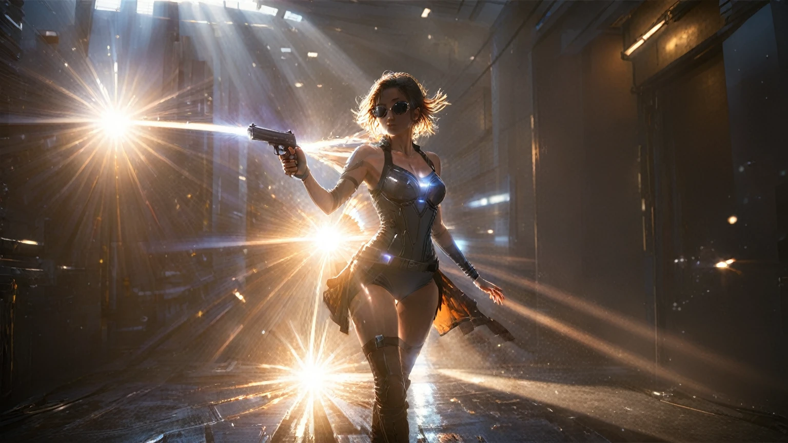 (((aerial view))), (flying cars docking platform), Blade Runner style futuristic city alley, neon lights, rainy night. (1girl, solo, alone), large-breast:1.2 slim body, cleavage:1.1, sexy wind blowing wet dress:1.4, headphone, (black sunglasses), (((she raised a pistol:1.8 and shot:1.8 the viewer))), dynamic pose, (((half-body thigh level medium shot))), cinematic vortex back lighting, lens flare, ray tracing, blurred:1.4 background.