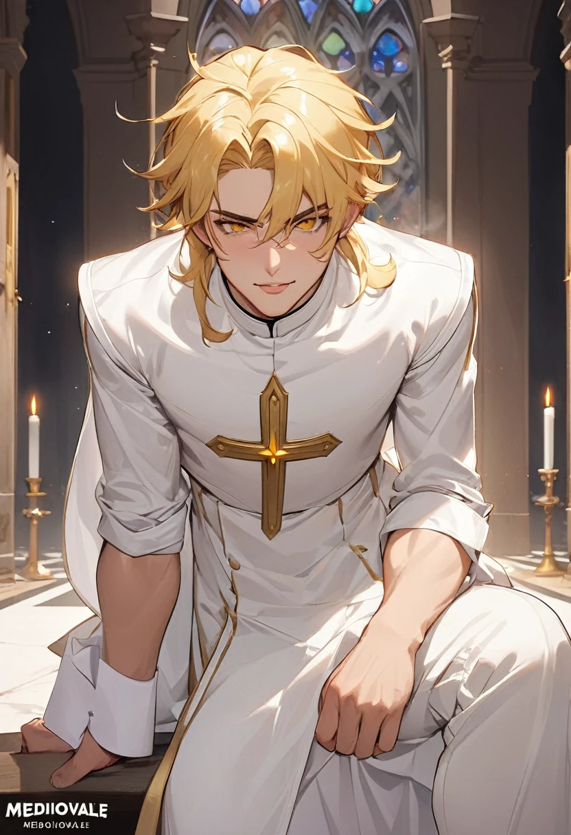 naughty man, priest, Mediovale, wearing thick white clothes, blonde hair and bright golden eyes