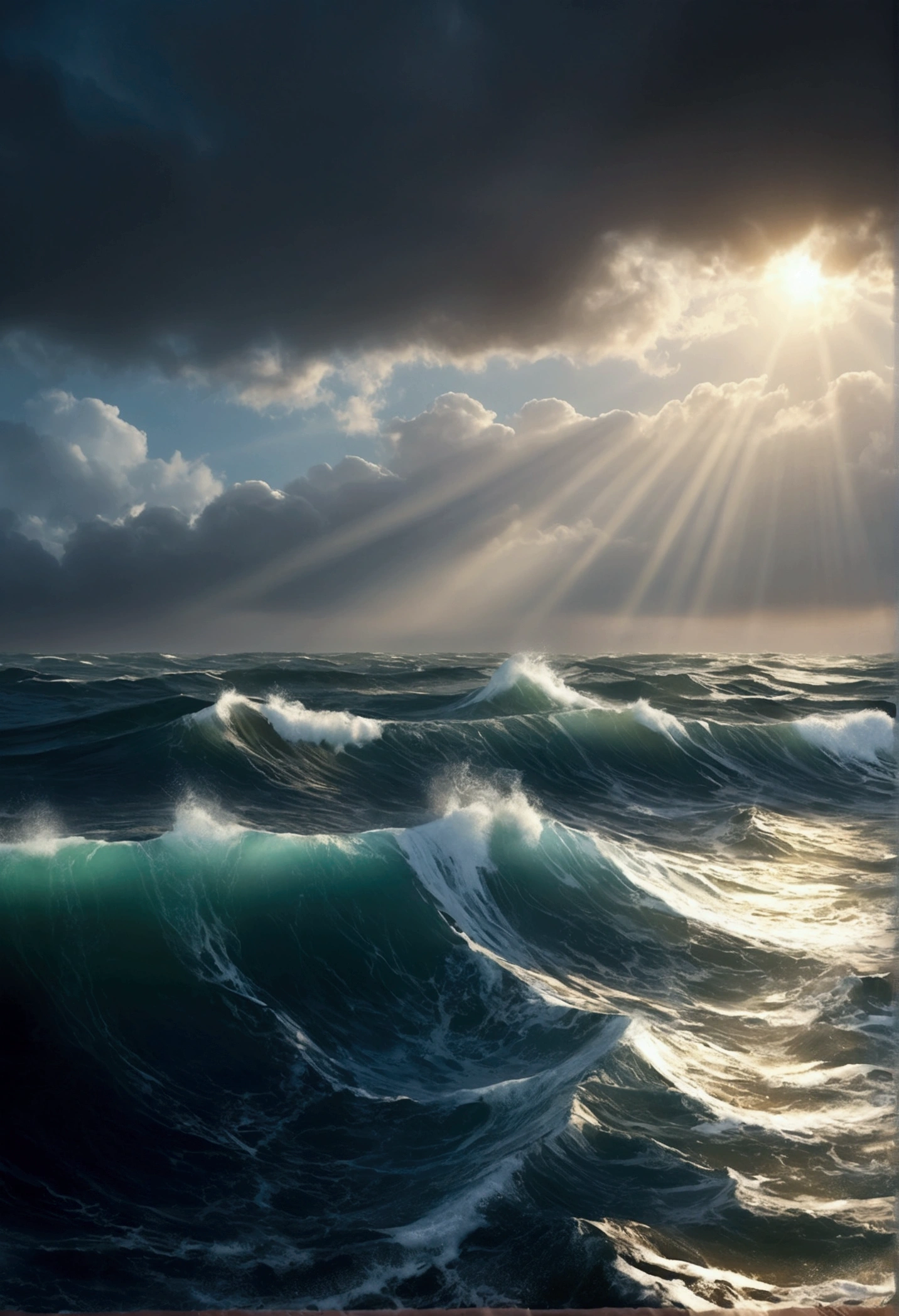 Phoenicians seafaring and trading in the Mediterranean world during the first millennium BCE. rain falling, vibrant swirls of clouds and the vast oceans waves. mesmerizing animation of waves flowing gracefully, their movements fluid and rhythmic. Each wave builds upon the last, creating a sense of continuous motion and harmony with the ocean's surface. The colors of the waves shift subtly, reflecting the play of light and shadow on the water, adding depth and realism to the scene."