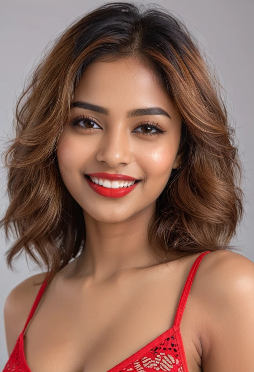 Red top and short jeans, highest quality, Realistic, Very detailed, In detail, High resolution, 8k wallpaper, One beautiful indian woman,, Light brown messy hair, g-string, Sharp focus, Perfect dynamic composition, Beautiful fine details, Fine hair, Detailed and realistic skin texture, smile, Close-up portrait, Model Body Type, red lipstick, sensual Lipstick .