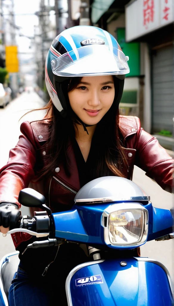 A 25 year old girl wearing a helmet, riding a 50cc motorcycle. She is riding on the streets of Japan.