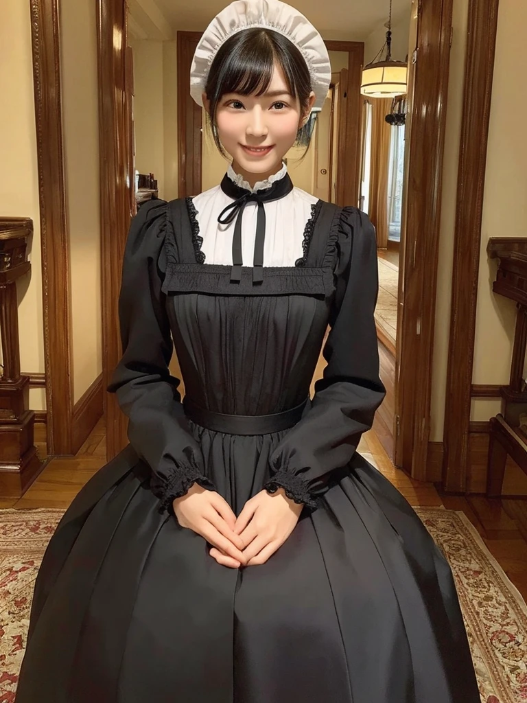 Highest quality、masterpiece、8k、Very detailed、Realistic、Looking at me with a smile、whole body、Black Hair、Short Hair、Small face、Slender、Big Breasts、Thin and beautiful legs、narrow and constricted waist,、Victorian maid clothes