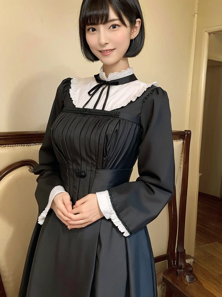 1人, (Full body), Unknown , detailed clothes, (delicate illustration:1.4),(masutepiece:1.0), (Best Quality:1.4), (超A high resolution:1.2), (Photorealistic:1.4), (8K, Raw photo:1.2), (Soft Focus:1.4), (18year old:1.3), (Sharp Focus:1.4), (Renaissance art:1.4), Detailed beautiful face, (Blouse with white collar, Silk White Socks, Dark blue skirt, Black pumps), Sitting on a chair