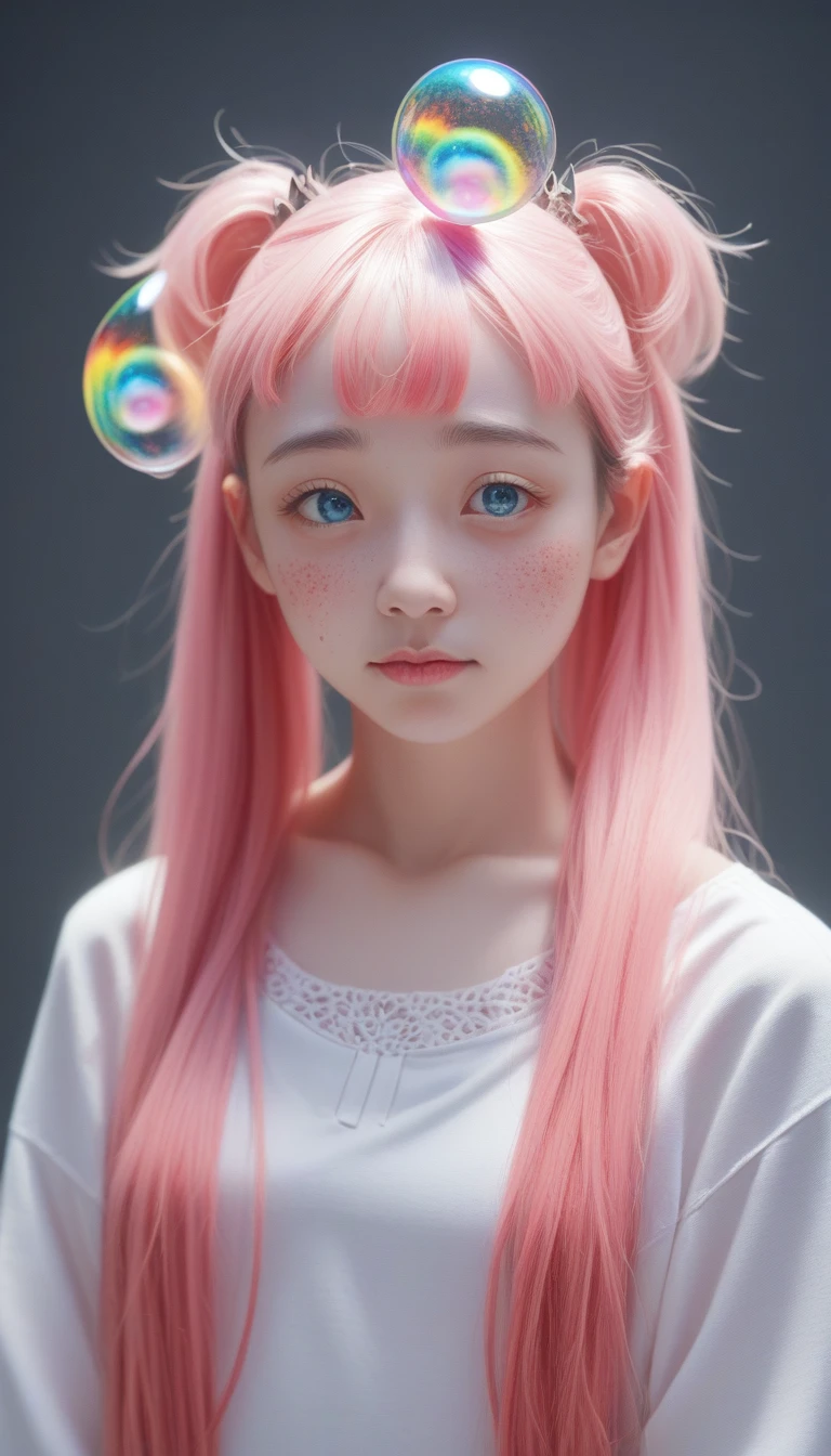 (masterpiece), (best quality), (Very detailed), (Dirty hair), (illustration), (1 girl) (Long pink hair 1.5) (blue eyes) (Twintails 2.0), ((((No shoulder))),Hanfu, (Looking at the audience, (interview), (Simple background), Beautiful and delicate eyes, Delicate and beautiful face, spiked (High Saturation), (Colorful flash), Colorful bubbles, (flash), Facial highlights, PerfectNwsjMajic, Conservative clothing, No shoulder, Autumn clothing, For the masses, Perfect body,