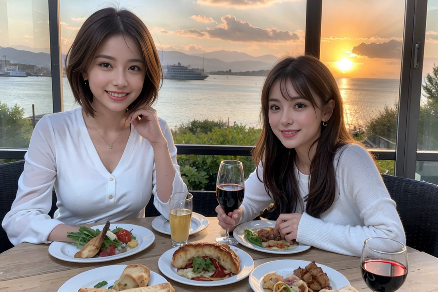 (Realistic:1.1),(masterpiece,Highest quality),8k,(40 years old), 42 years old, slimカップル、Model Couple、actress/actor、Tight waist,Upper Body,full-course dinner、wine 、Amazing view of the sunset sky and clouds、Perfect Anatomy, Brown Hair, short hair,Random Hairstyles,((Highly detailed face and eyes:1.2))(cute顔:1.4),美しいactressの顔,Perfect golden ratio face,Long sleeve shirt、dress,(smile:1.2)、Shortcuts、cute、(Realistic, Intricate details:1.2), A bright smile、short hair,Bright Face、赤wine 、Appetizers、Italian food、wine bottle、Champagne、スパークリングwine、(slimな顔), (The body is slim), (Brown Hair), (Shortcuts), Upper Body, 白wine, slim, wineグラス,