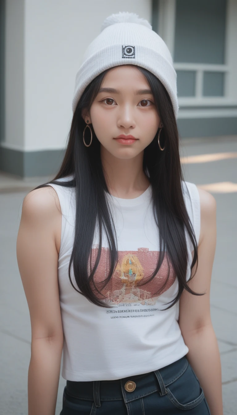 1gIrl, Solitary, long haIr, black haIr, wrItten clothes, Brown eyes, lookIng at the vIewer, beanIe, lIps, Upper Body, Shut up, shIrt, earrIngs, https://I.postImg.Cc/tCDfNDvp/Screenshot-20230606-212445.png