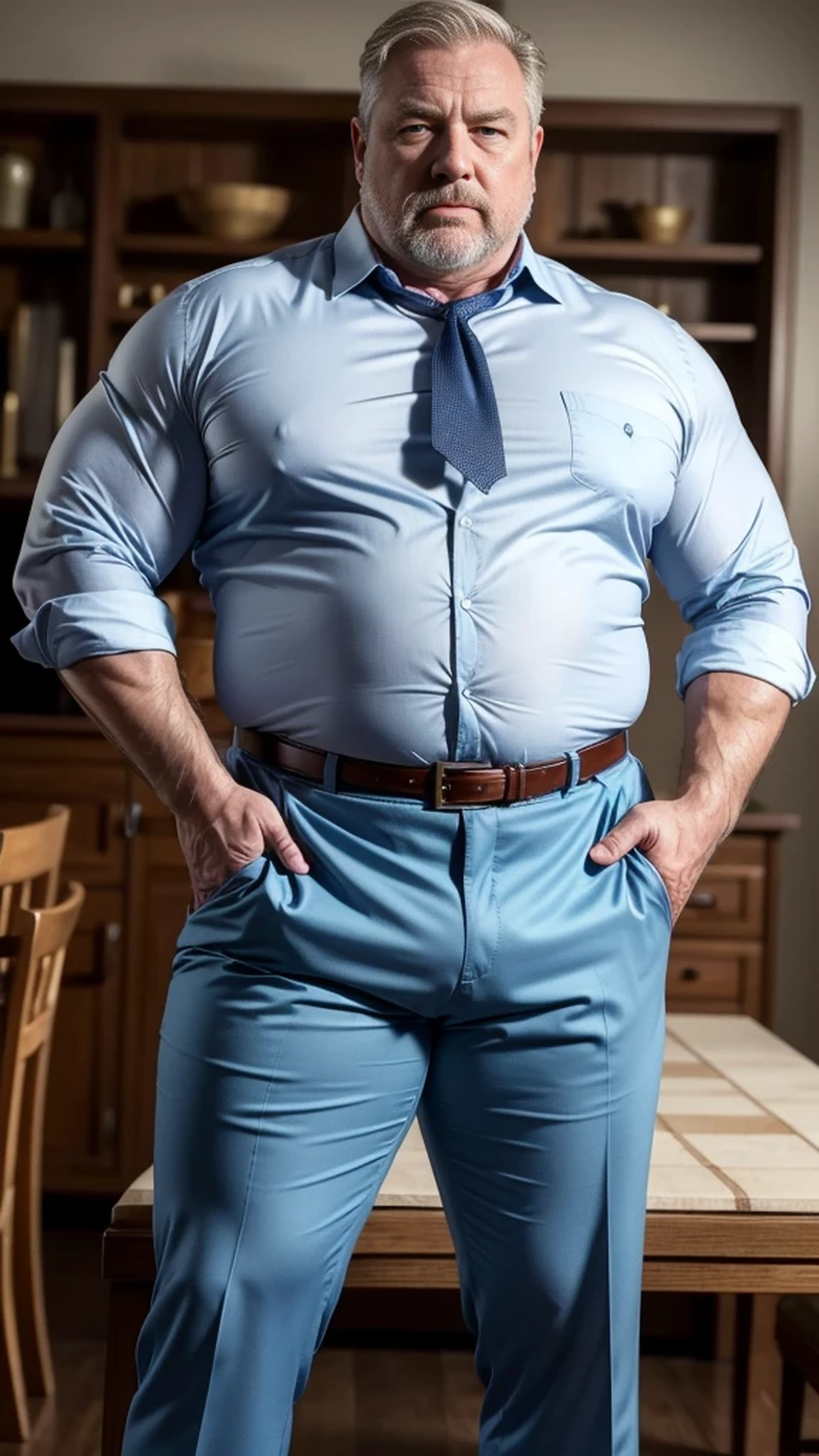 (best quality,4k,8k,highres,masterpiece:1.2), age 60, white man detective , horny disgusting, muscular chubby, kind, open blue shirt , mature daddy, Dress Pants with big hard bulge, hairy chest hard nipple, belt, loafer,