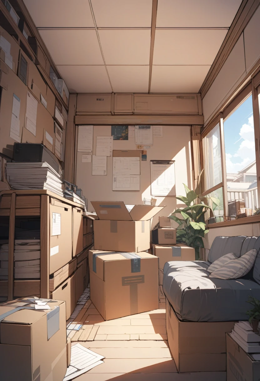 ((background only)),masterpiece, best quality, extremely detailed, ultra detailed, flat anime, 2D, Documents in cardboard boxes, summer, 11AM, livingroom,