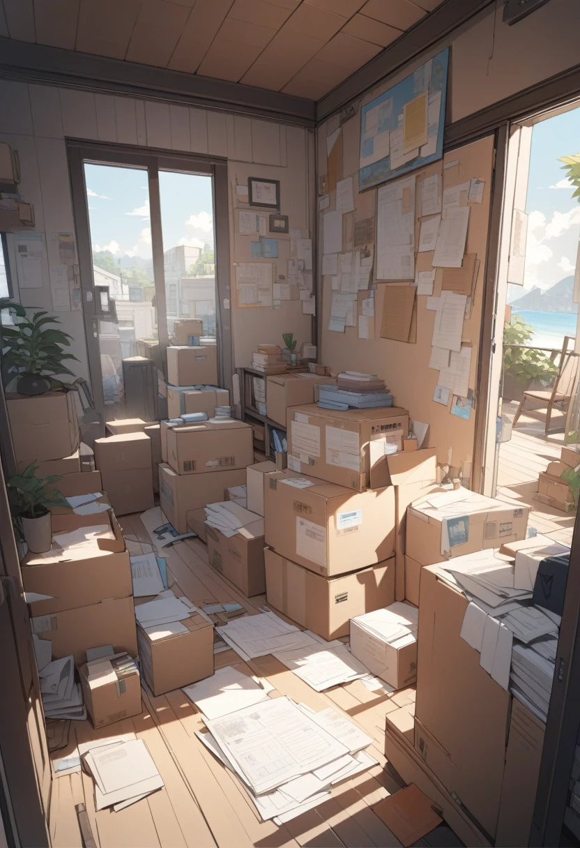 ((background only)),masterpiece, best quality, extremely detailed, ultra detailed, flat anime, 2D, Documents in cardboard boxes,  summer, 11AM, livingroom,