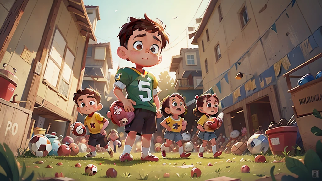 Image inspired by Disney/Pixar，Photographed children wearing jerseys with the words &quot;Evangelismo kids&quot;，Football scene，high quality