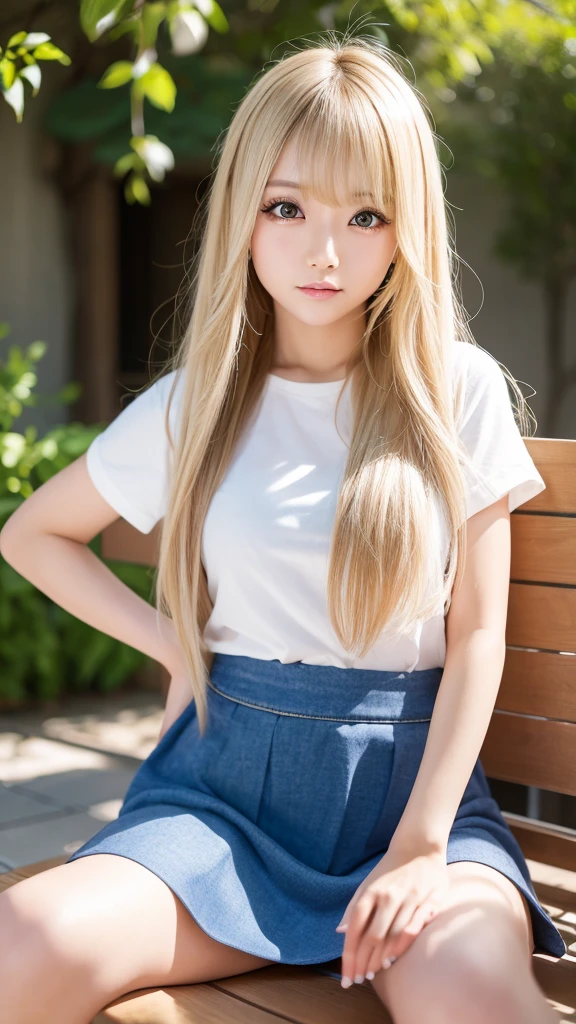 Highest quality、Highest quality、High resolution、8k、masterpiece、Young Japanese Woman、One Woman、blonde、blonde、Long Hair、Blurred Background、Big eyes、Daytime、sunlight、Tight Skirt、Sit and open your legs、