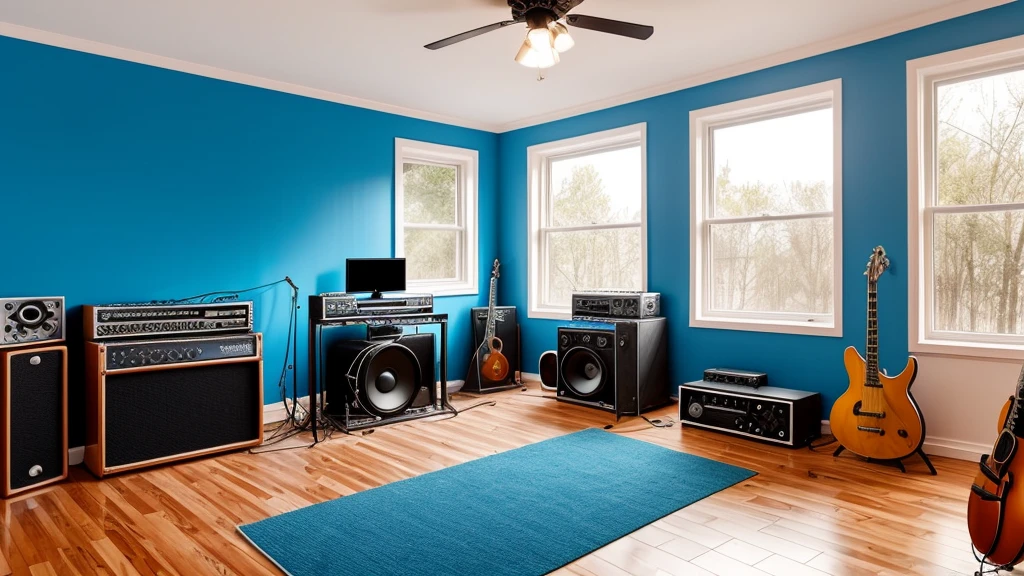 Music studio for recording. There is a blue electric guitar in the studio, Bass guitar, synthesizer, pipidastr, microphones and microphone stand and drums. There is also a window in the wall and a heater near the window. There is a sofa.