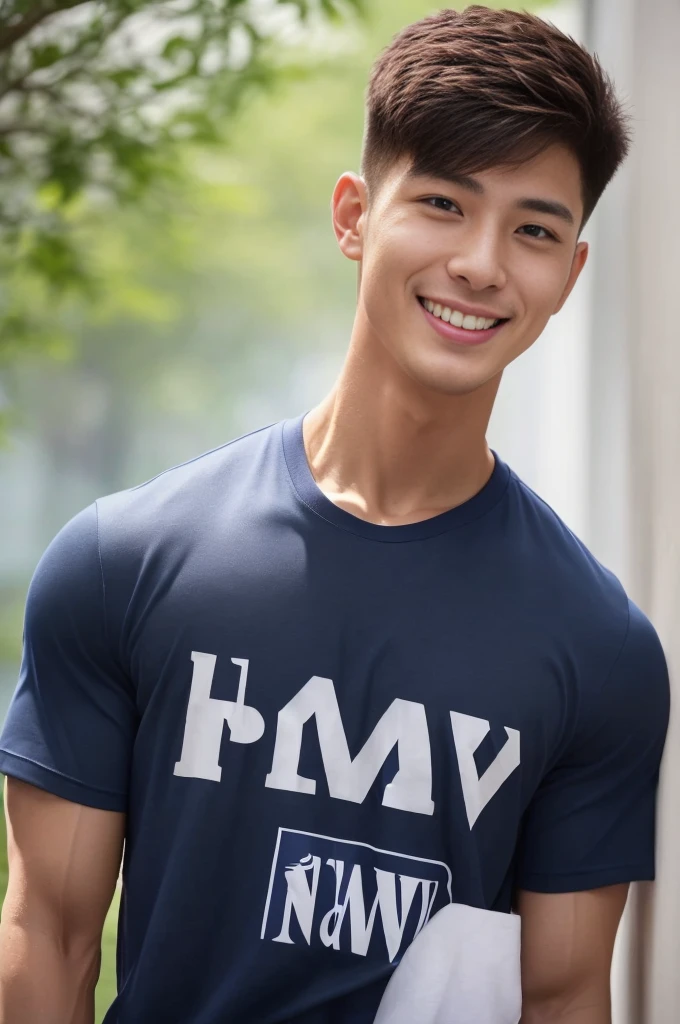 A handsome men ,20 age , Short Hair Hair, korea , Student，(((Wear a navy T-shirt without stripes.....................))),  front-view, smile ,Pectoral muscles, Wide shoulders ,athlete , Upper body (1),  It's raining: 1.3, road: 1.2, body dripping wet: 1.1,