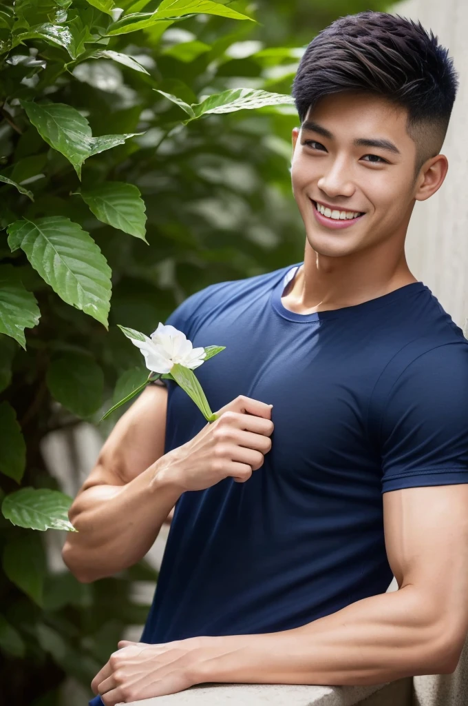 A handsome men ,20 age , Short Hair Hair, korea , Student,(((Wear a navy T-shirt without stripes.....................))), front-view, smile ,Pectoral muscles, Wide shoulders ,athlete , Upper body (1), It's raining: 1.3, road: 1.2, body dripping wet: 1.1,