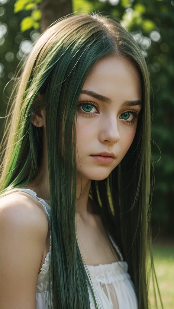 a girl. face sent feeling. Europe. Oval face. long face. delicate facial features. gentle eyes. seductively seductive. green eyes. long straight hair. green hair. expression is very sad. looking passionately at something. shy. straight face. outdoor