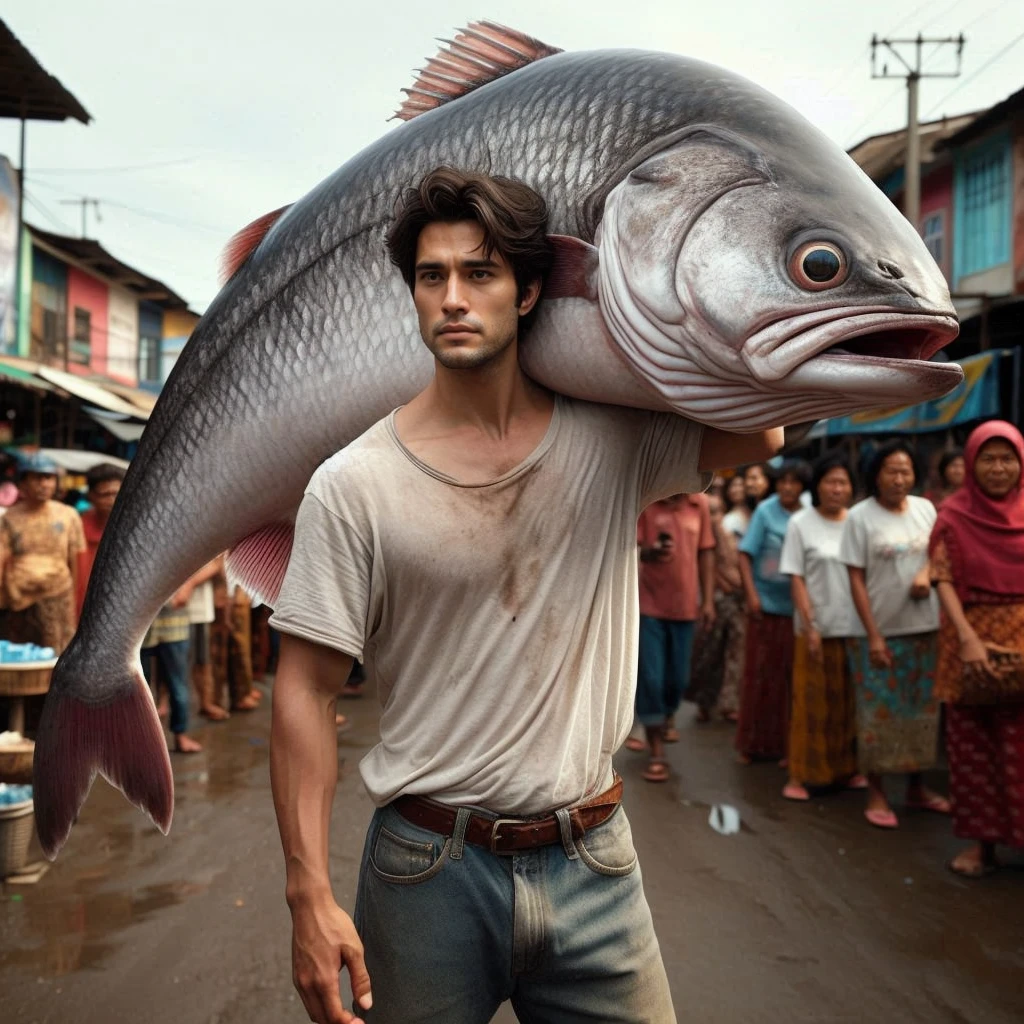 arafed man carrying a fish on his back in a crowded market, fish man, hyper-realism, hyper - realism, extreme realism, hyper realism, extreme photorealism, perfectly realistic yet surreal, an ultra realistic photo, hyperrealistic movie filmstill, hyperrealism, brilliant photorealism, extremely realistic photo, super realistic photo, hyperrealistic picture, hyper photorealism
