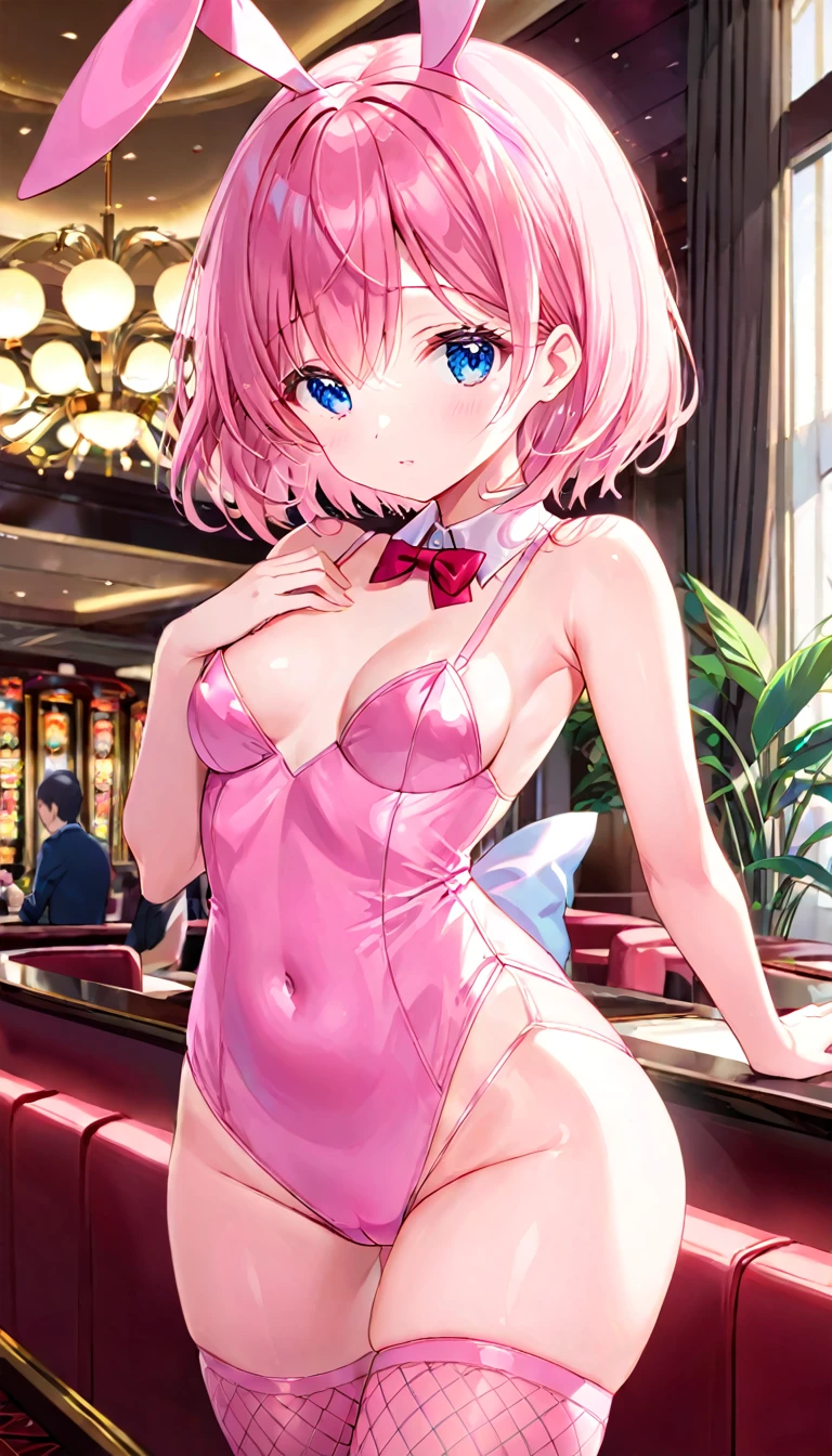 (1 girl),(manga's crisp and clean line art:1.2),(Best Picture Quality, 8K, Masterpiece:1.3), (high school student:1.5), ((pink lob hair:1.1)), (bob cut),(swept bangs), (cute eyes, pupil black, iris skyblue, youthful face), (mole under right eye), (standard weight), (small breasts),(big hip), (glistening skin:1.1),(pale skin:1.2), ((pink playboy bunny costume:1.2)), (pink Fishnet tights), VIP lounge in casino.