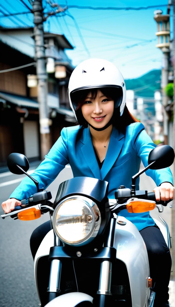 A 25 year old girl wearing a helmet, riding a 50cc motorcycle. She is riding on the streets of Japan.