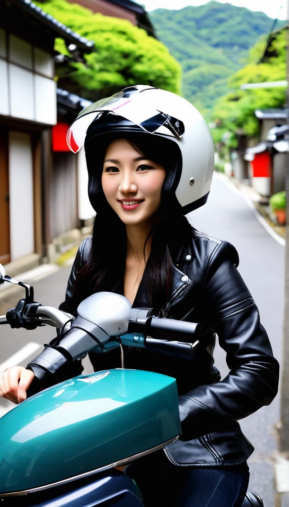 A 25 year old girl wearing a helmet, riding a 50cc motorcycle. She is riding on the streets of Japan.