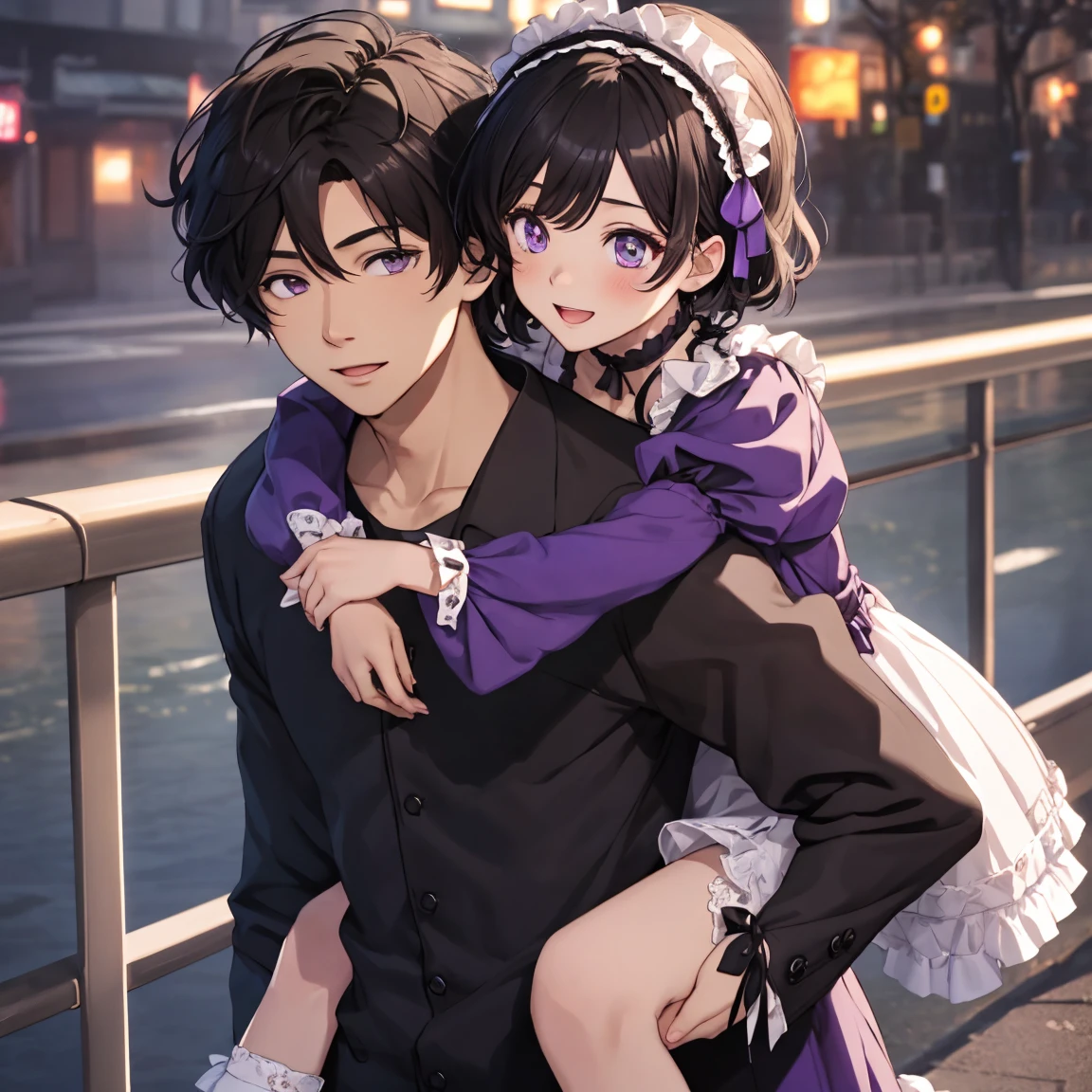 1girl, 1boy, carrying, piggyback, boy short hair, boy black hair, boy black jacket, girl, alternate costume, blush, smile, breasts, brown hair, girl long hair, choker, cleavage, purple eyes, detached sleeves, dress, frilled choker, frilled dress, frilled hairband, frilled sleeves, frills, hairband, headdress, hetero, large breasts, lolita fashion, lolita hairband, long hair, long sleeves, maid headdress, medium breasts, open mouth, purple bow, purple bra, purple dress, purple footwear, purple gloves, purple headwear, purple jacket, purple legwear, purple panties, purple pants, purple ribbon, purple shirt, purple skirt, purple sleeves, outdoor, bridge, morning
