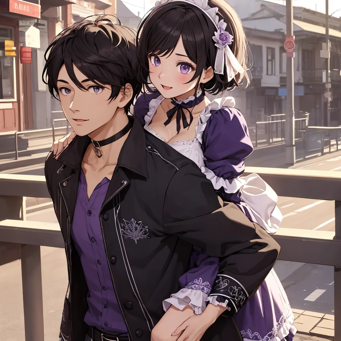 1girl, 1boy, carrying, piggyback, boy short hair, boy black hair, boy black jacket, girl, alternate costume, blush, smile, breasts, brown hair, girl long hair, choker, cleavage, purple eyes, detached sleeves, dress, frilled choker, frilled dress, frilled hairband, frilled sleeves, frills, hairband, headdress, hetero, large breasts, ****ta fashion, ****ta hairband, long hair, long sleeves, maid headdress, medium breasts, open mouth, purple bow, purple bra, purple dress, purple footwear, purple gloves, purple headwear, purple jacket, purple legwear, purple panties, purple pants, purple ribbon, purple shirt, purple skirt, purple sleeves, outdoor, bridge, morning
