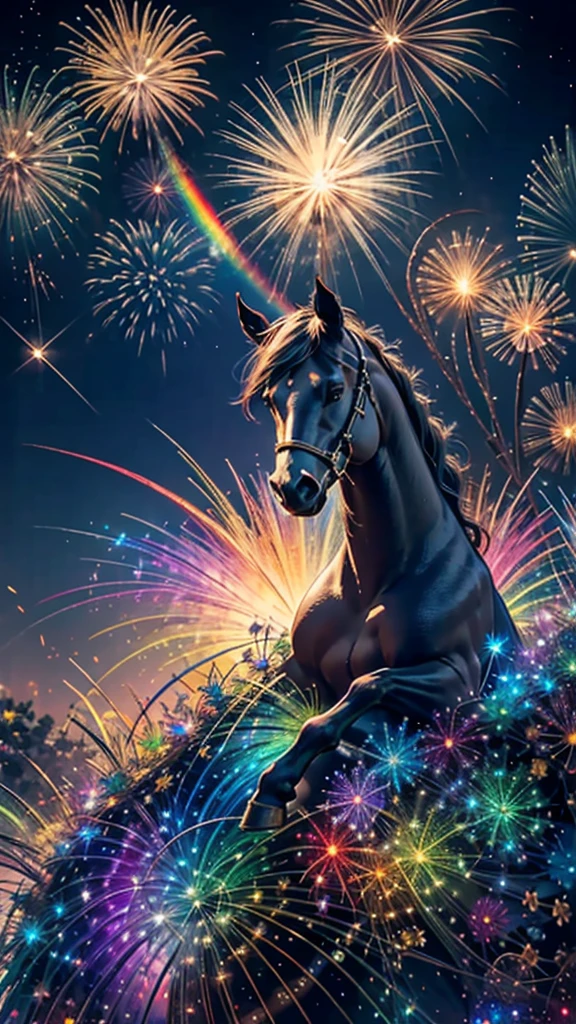 horse、horseたちに囲まれて、Mysterious Landscape、firework、firework大会、Rainbow colorsのfireworkが打ちあがっている瞬間、夜nullとともに、草原な景色で壮大なfirework、future都市、Highest quality、masterpiece, (Diffuse reflection of light:1.2), When the fantastic rainbow turns into shadow, bathed in a mystical atmosphere.horseたちも見ています, Cast magic spells. evoke a sense of wonder and awe. A fusion of natural grandeur and magic, Weaving dreams into reality. Behold, null, And the unknown, Fleeting、And an eternal moment, 16K, Ultra-high resolution.Realistic, Ultra-high resolution, to be born,future、Rainbow colorsに光り輝く、Rainbow colors、The world 30 years from now。