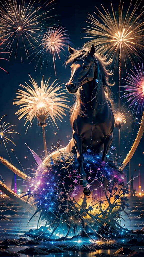 horse、horseたちに囲まれて、Mysterious Landscape、firework、firework大会、Rainbow colorsのfireworkが打ちあがっている瞬間、夜nullとともに、草原な景色で壮大なfirework、future都市、Highest quality、masterpiece, (Diffuse reflection of light:1.2), When the fantastic rainbow turns into shadow, bathed in a mystical atmosphere.horseたちも見ています, Cast magic spells. evoke a sense of wonder and awe. A fusion of natural grandeur and magic, Weaving dreams into reality. Behold, null, And the unknown, Fleeting、And an eternal moment, 16K, Ultra-high resolution.Realistic, Ultra-high resolution, to be born,future、Rainbow colorsに光り輝く、Rainbow colors、The world 30 years from now。