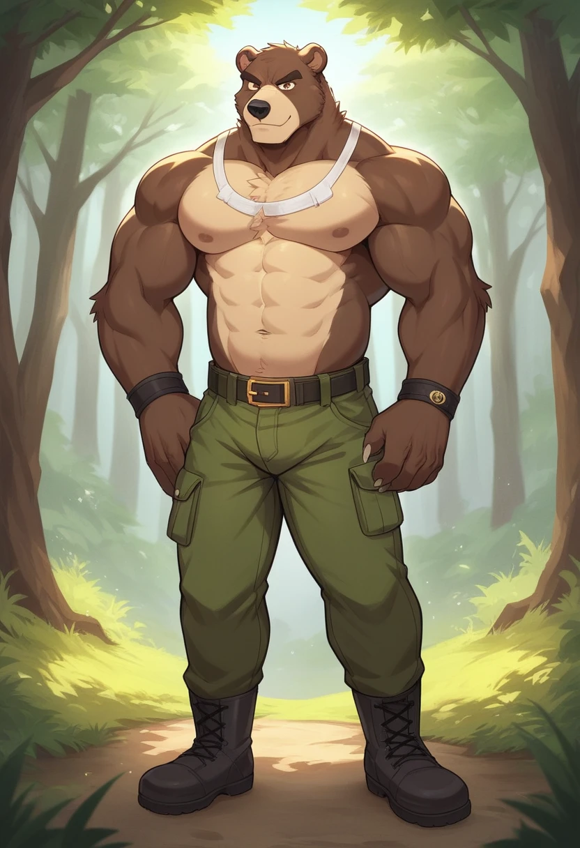 A muscular furry bear with an imposing and charismatic appearance. This anthropomorphic bear combines human and bear characteristics, highlighting his strength and powerful presence.
Physical Characteristics:
Facial features:
Friendly face but with marked and defined features.
Expressive light brown eyes, with a confident and warm look.
Prominent snout with a shiny black nose.
Ears rounded and slightly inclined forward.
body:
Robust and athletic body structure, with clearly defined muscles in arms, Chest and abdomen.
Broad shoulders and an upright posture that highlights your physical power.
Short, dense dark brown fur, with some lighter areas around the chest and belly.
Visible but non-intimidating claws on hands and feet.
Clothes and accessories:
He is wearing a sleeveless shirt that exposes his muscular arms., dark gray.
Military green cargo pants, tight but comfortable.
Durable black boots.
A belt with a large silver buckle.
He wears a leather bracelet on his left wrist..
context:
The background shows a natural environment, possibly a forest, with tall trees and a clear sky.
Sunlight passes through the leaves, creating a play of lights and shadows on the character.
The bear is standing, with one hand on the hip and the other raised in greeting or welcome.
Possible Expression and Attitude:
The bear has a friendly and confident expression, with a light smile that shows his approachable nature despite his imposing appearance.
Body posture reflects confidence and openness, suggesting that he is protective and friendly.