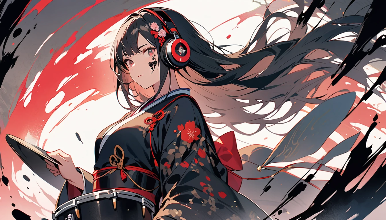 ((Ink Painting)), (((1 girl))), (((Tattoo on face))), (((Gorgeous hair accessories))), Japanese style headphones, Japanese beautiful girl, Black Hair, drum, rock, band