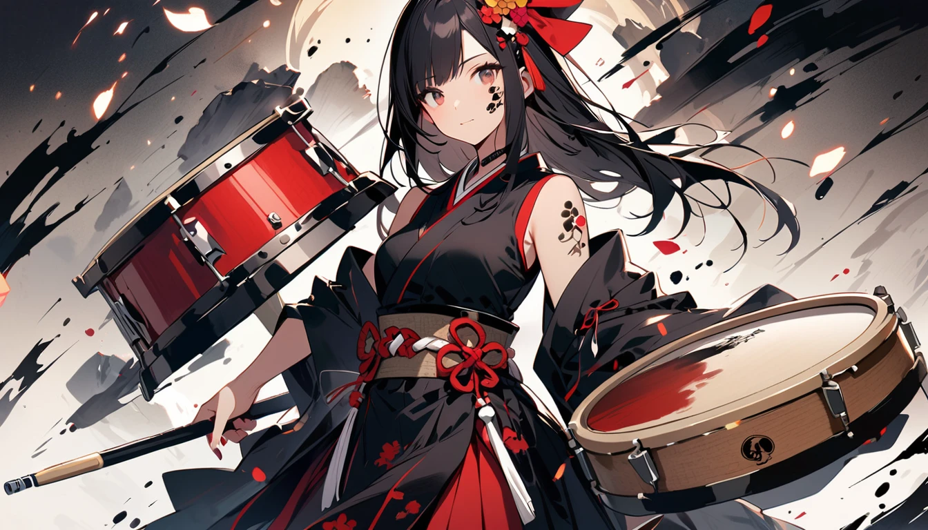 ((Ink Painting)), (((1 girl))), (((Tattoo on face))), (((Gorgeous hair accessories))), Japanese style headphones, Japanese beautiful girl, Black Hair, drum, rock, band