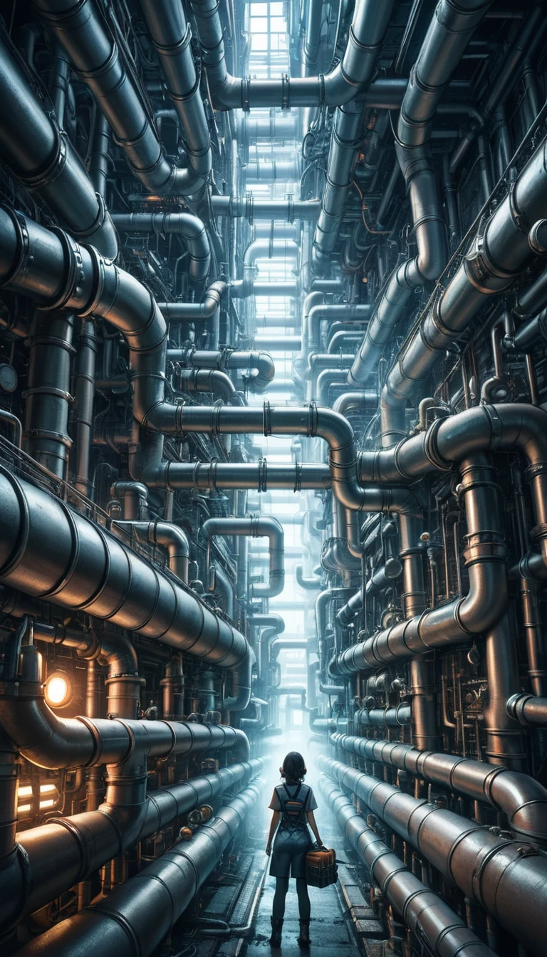 pipe jungle, industrial pipes, architecture made up of pipes and valves, tubular creature, vertical wallpaper, Huge maze of pipes spread highly inside the factory, steam blowing out, A female worker holding toolbox is looking up, POV, in the glow of soft, cinematic light