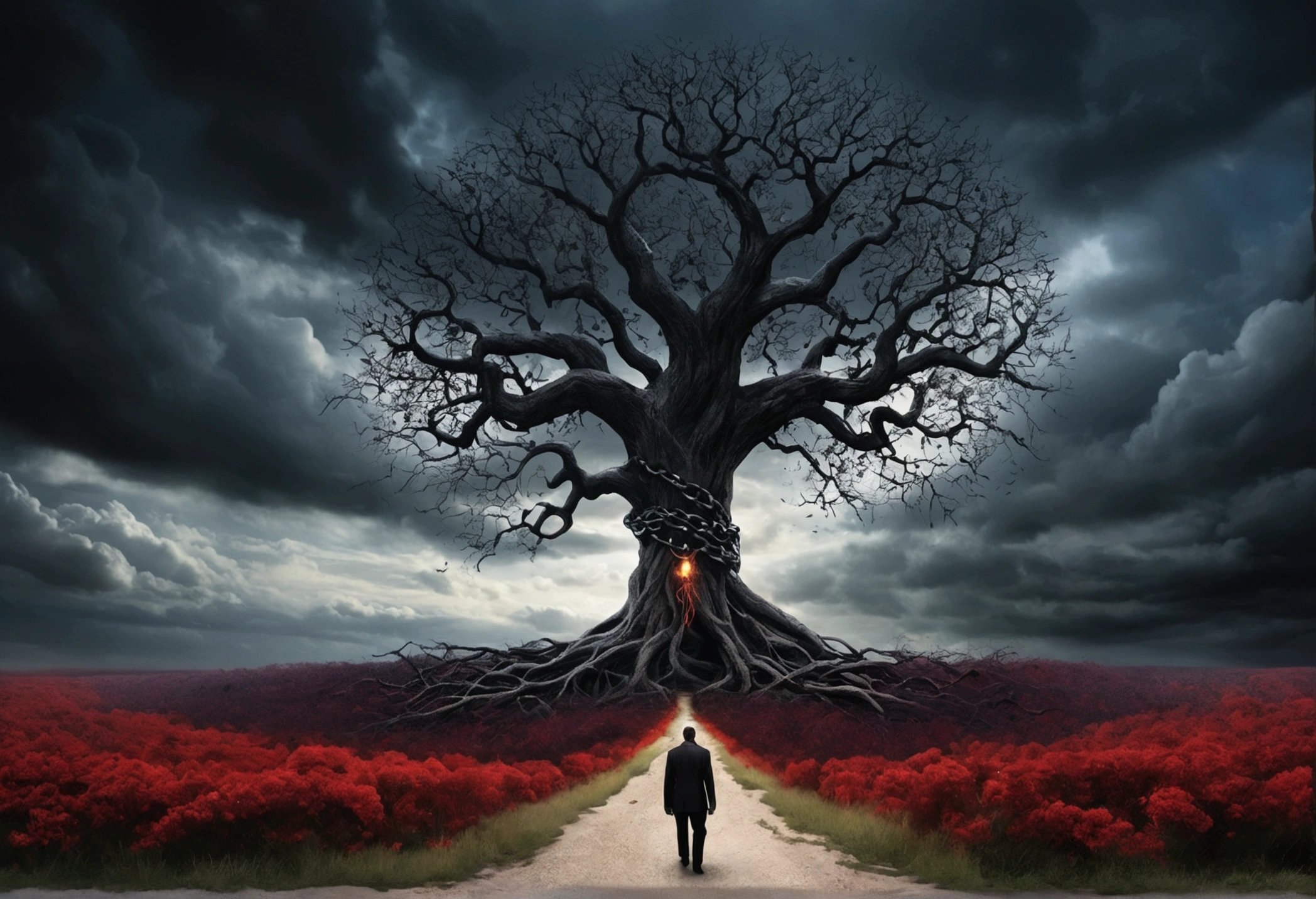 An eye-catching portrait-style artwork that should depict a time when the devil has a hold on a man The composition should emphasize vulnerability, with the devil on the left and the man on the right, a little smaller in size. Use a dark, moody color palette, incorporating dark reds, deep purples, and coals for the background to convey a sense of foreboding. The figure of the devil must be dark and threatening, with human features, but sinister, while the subject must express fear, Determination, and be overwhelmed. The devil's hand must firmly hold the man's forearm, leaving red marks, symbolizing the allure of temptation and inner struggle. The background must feature sinister and abstract elements, like distant faces or silhouettes representing tormented souls. Use dramatic lighting and pay attention to intricate details like chains or barbed wire. This work must tell the story of the inner conflict and resilience of the human spirit against malevolent forces.. Create a high-quality, creative image that illustrates the theme "Blessing or Curse" in a biblical context. The image should be visually striking and symbolize the choice between following God's ways (blessing) or straying from Him (curse). Use elements such as: Divergent Paths: Two distinct paths, one illuminated with heavenly light and flourishing, symbolizing blessing, and the other dark and barren, symbolizing curse. Tree of Life and Dead Tree: On the path of blessing, a lush tree with fruits representing the Tree of Life. On the path of curse, a dry and lifeless tree. Ancient Manuscripts: Include ancient scrolls or tablets with biblical inscriptions highlighting verses about blessing and curse, such as Deuteronomy 30:19. Heaven and Hell: In the background, a bright blue sky with angels on the path of blessing, contrasting with dark storm clouds on the path of curse. Reflective Human Figure: A human figure in the middle,