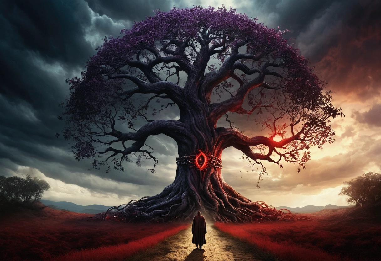 An eye-catching portrait-style artwork that should depict a time when the devil has a hold on a man The composition should emphasize vulnerability, with the devil on the left and the man on the right, a little smaller in size. Use a dark, moody color palette, incorporating dark reds, deep purples, and coals for the background to convey a sense of foreboding. The figure of the devil must be dark and threatening, with human features, but sinister, while the subject must express fear, Determination, and be overwhelmed. The devil's hand must firmly hold the man's forearm, leaving red marks, symbolizing the allure of temptation and inner struggle. The background must feature sinister and abstract elements, like distant faces or silhouettes representing tormented souls. Use dramatic lighting and pay attention to intricate details like chains or barbed wire. This work must tell the story of the inner conflict and resilience of the human spirit against malevolent forces.. Create a high-quality, creative image that illustrates the theme "Blessing or Curse" in a biblical context. The image should be visually striking and symbolize the choice between following God's ways (blessing) or straying from Him (curse). Use elements such as: Divergent Paths: Two distinct paths, one illuminated with heavenly light and flourishing, symbolizing blessing, and the other dark and barren, symbolizing curse. Tree of Life and Dead Tree: On the path of blessing, a lush tree with fruits representing the Tree of Life. On the path of curse, a dry and lifeless tree. Ancient Manuscripts: Include ancient scrolls or tablets with biblical inscriptions highlighting verses about blessing and curse, such as Deuteronomy 30:19. Heaven and Hell: In the background, a bright blue sky with angels on the path of blessing, contrasting with dark storm clouds on the path of curse. Reflective Human Figure: A human figure in the middle,