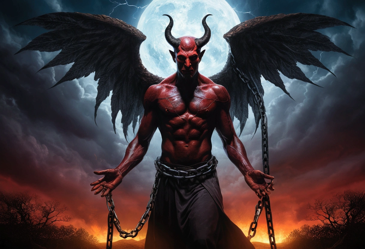 An eye-catching portrait-style artwork that should depict a time when the devil has a hold on a man The composition should emphasize vulnerability, with the devil on the left and the man on the right, a little smaller in size. Use a dark, moody color palette, incorporating dark reds, deep purples, and coals for the background to convey a sense of foreboding. The figure of the devil must be dark and threatening, with human features, but sinister, while the subject must express fear, Determination, and be overwhelmed. The devil&#39;s hand must firmly hold the man&#39;s forearm, leaving red marks, symbolizing the allure of temptation and inner struggle. The background must feature sinister and abstract elements, like distant faces or silhouettes representing tormented souls. Use dramatic lighting and pay attention to intricate details like chains or barbed wire. This work must tell the story of the inner conflict and resilience of the human spirit against malevolent forces.. Create a high-quality, creative image that illustrates the theme "Blessing or Curse" in a biblical context. The image should be visually striking and symbolize the choice between following God's ways (blessing) or straying from Him (curse). Use elements such as: Divergent Paths: Two distinct paths, one illuminated with heavenly light and flourishing, symbolizing blessing, and the other dark and barren, symbolizing curse. Tree of Life and Dead Tree: On the path of blessing, a lush tree with fruits representing the Tree of Life. On the path of curse, a dry and lifeless tree. Ancient Manuscripts: Include ancient scrolls or tablets with biblical inscriptions highlighting verses about blessing and curse, such as Deuteronomy 30:19. Heaven and Hell: In the background, a bright blue sky with angels on the path of blessing, contrasting with dark storm clouds on the path of curse. Reflective Human Figure: A human figure in the middle, 