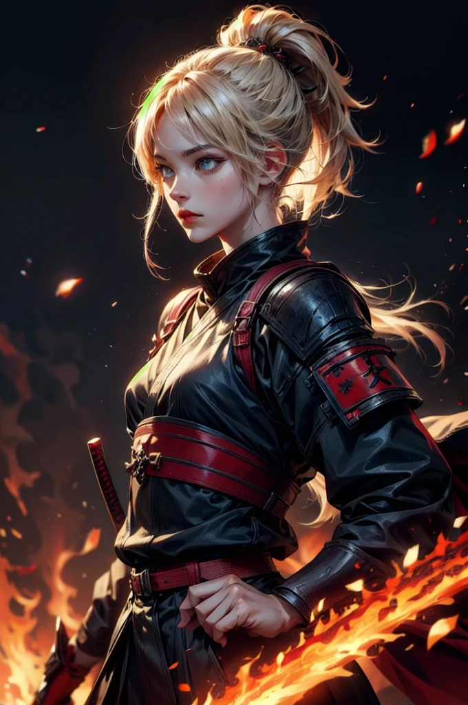 (absurdres, highres, ultra detailed), clean detailed anime art, perfect eyes, 1woman, blond hair, long hair, pony tail, yellow eyes, white skin, samurai, blood on clothes, katana, sheath, katana on sheath, after battle, day, battlefield
