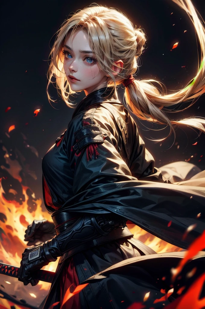 (absurdres, highres, ultra detailed), clean detailed anime art, perfect eyes, 1woman, blond hair, long hair, pony tail, yellow eyes, white skin, samurai, blood on clothes, katana, sheath, katana on sheath, after battle, day, battlefield