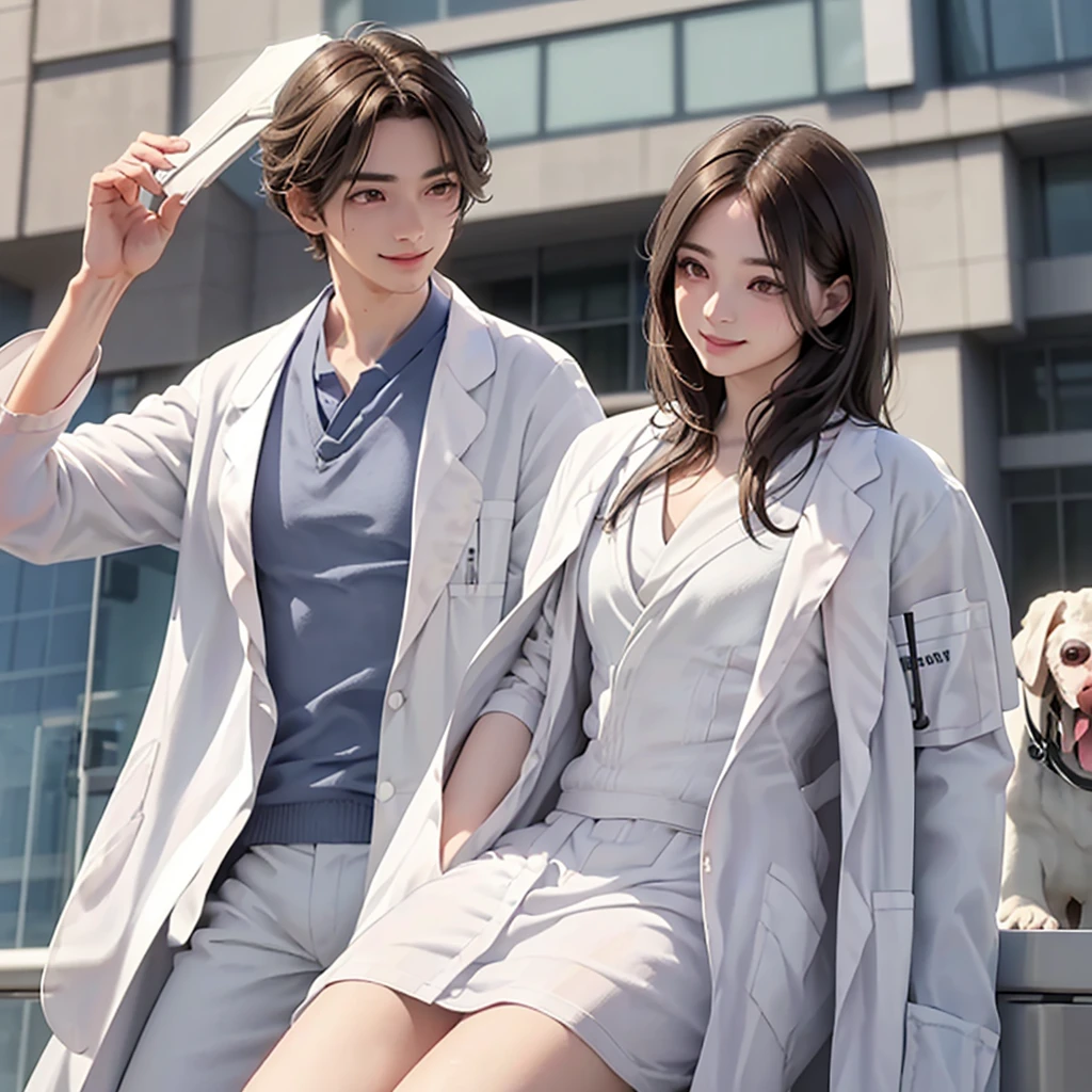 Doctor, 1 man, solo, sitting (Looking at the audience), (white lab coat:1.8), ,Stylish clothes who is an adult /(brown hair/) smile kindly (The best quality masterpiece:1.2) , Delicate illustrations, Special details, ( In front of the hospital
