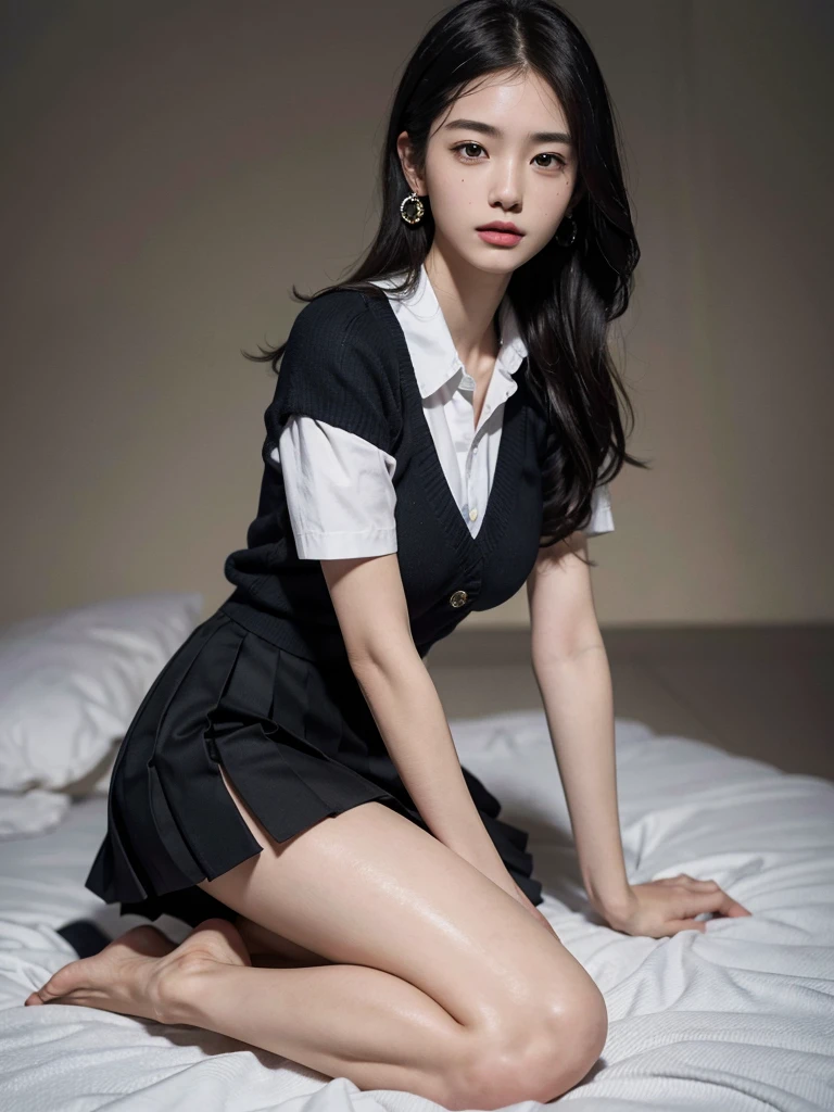 Calf skin (photoreal: 1.4), (hyperrealistic: 1.4), (realistic: 1.3), (smooth lighting: 1.05), (improved cinematic lighting quality: 0.9), 32K, faint smile in one Japan woman, realistic lighting, backlight, face lights, ray tracking, (bright light: 1.2), (quality improvement: 1.4), (Top quality realistic textured skin: 1.4), fine detailed eyes, detailed face, fine quality eyes, dark brown eyes, (tired and sleepy and satisfied: 0.0), pale lighting, white blouse, bow tie, navy blue skirt, short ankle socks in white silk,