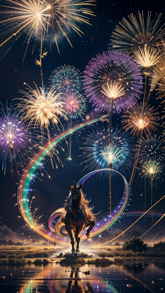 horse、horseたちに囲まれて、Mysterious Landscape、firework、firework大会、Rainbow colorsのfireworkが打ちあがっている瞬間、夜nullとともに、草原な景色で壮大なfirework、future都市、Highest quality、masterpiece, (Diffuse reflection of light:1.2), When the fantastic rainbow turns into shadow, bathed in a mystical atmosphere.horseたちも見ています, Cast magic spells. evoke a sense of wonder and awe. A fusion of natural grandeur and magic, Weaving dreams into reality. Behold, null, And the unknown, Fleeting、And an eternal moment, 16K, Ultra-high resolution.Realistic, Ultra-high resolution, to be born,future、Rainbow colorsに光り輝く、Rainbow colors、The world 30 years from now。