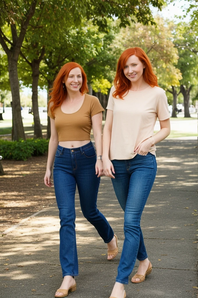 mndngwmn, redhead,, wearing casual clothes, taking a stroll on the park bunduða calça jeans apertada