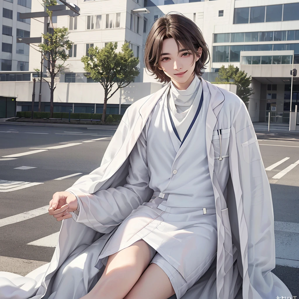 Doctor, 1 man, solo, sitting (Looking at the audience), (white lab coat:1.8), ,Stylish clothes who is an adult /(brown hair/) smile kindly (The best quality masterpiece:1.2) , Delicate illustrations, Special details, ( In front of the hospital