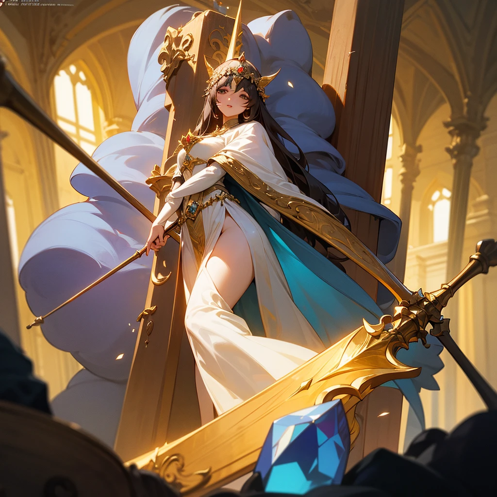 high resolution、Elegant、Neat、Long haired goddess。
Wearing a light dress。Goddess of Light。Holds a large staff with a crystal。like medieval europe、beautiful、Fantasy。Elegant、Adult wo luxurious atmosphere