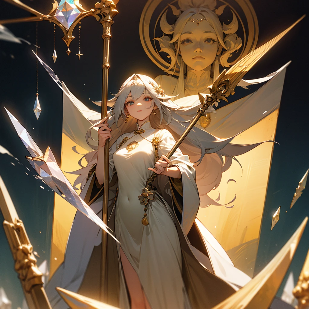 high resolution、Elegant、Neat、Long haired goddess。
Wearing a light dress。Goddess of Light。Holds a large staff with a crystal。like medieval europe、beautiful、Fantasy。Elegant、Adult wo luxurious atmosphere