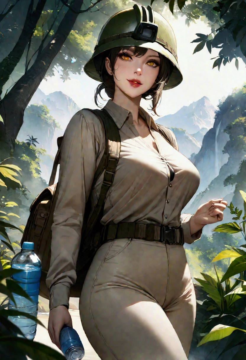 RAW, Best quality, high resolution, masterpiece: 1.3), Elegant MILF on Jungle Adventure (iu:0.8), Best quality, high resolution, Masterpiece: 1.3, Alluring Mature Woman, Masterpiece, Confident Smile, Realistic, 1woman, Mesmerizing Eyes, Radiant Eyes, Parted Lips, Elegant MILF, Full-length, Captivating Figure, Aesthetics of the Female Body, Jungle Explorer, Embarking on Adventure, Wearing Long Sleeve Shirts, Long Pants, Protective Helmet, Backpack, Water bottle, Mountain sword