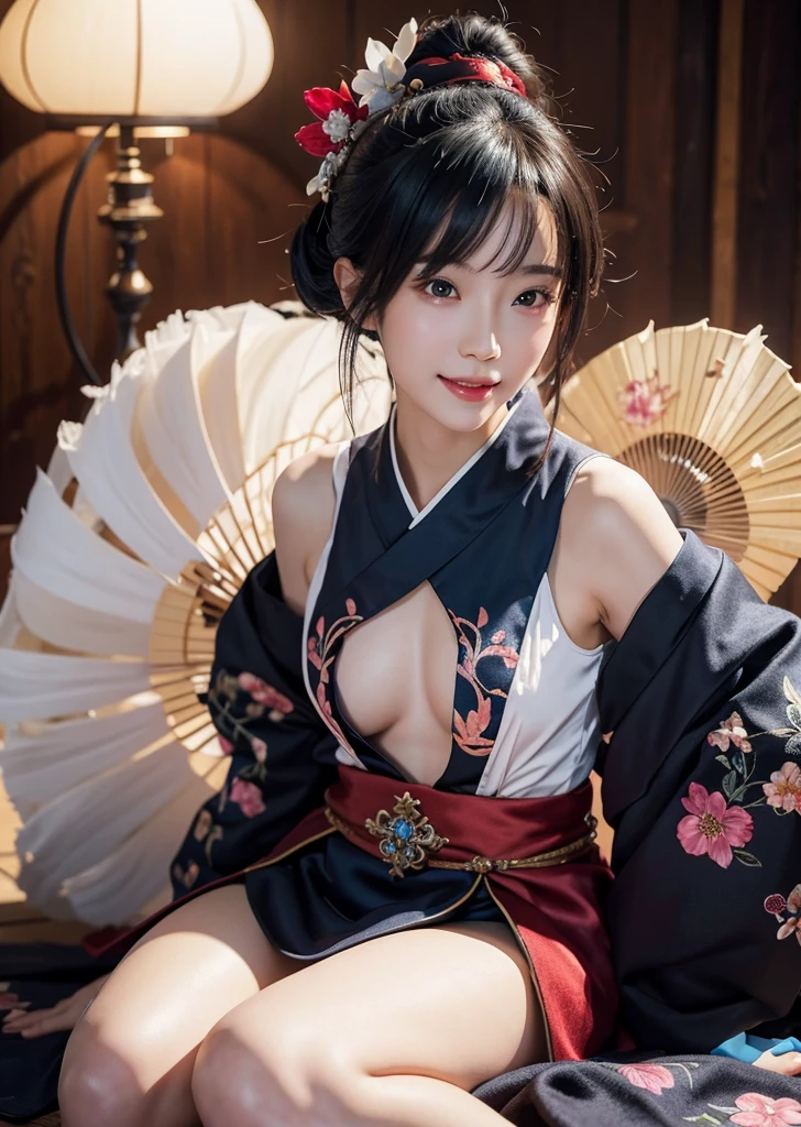 Diffuse lighting、 Highest quality, High resolution, unity 8k wallpaper、Supersaturation, Colorful, 8k解像度, 1 female、Japanese、23 years old、Close-up portrait、Red silk underwear,smile、Mature、Adult women、Adult sex appeal、Upper Body、Open your mouth、Watery eyes、Blushing、midnight、Sitting on a bed covered with flower petals、Sitting on the floor、Fantasy、mysterious、Woman with a Fan, onmyoji, onmyoji detailed art, onmyoji portrait, 4K, 8k, Vibrant, Splash Art , Onmyoji、Spirit medium、