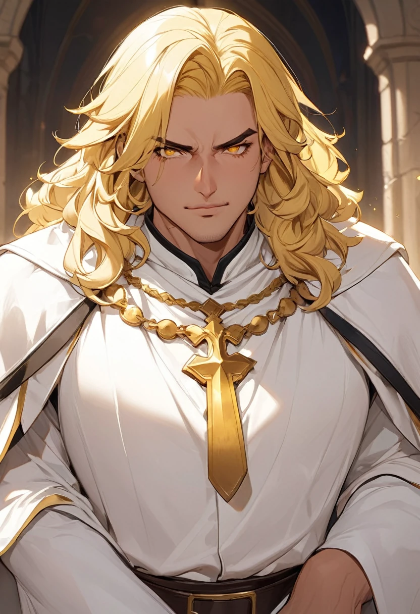 naughty man, cleric, Mediovale, wearing thick white clothes, blonde hair and bright golden eyes