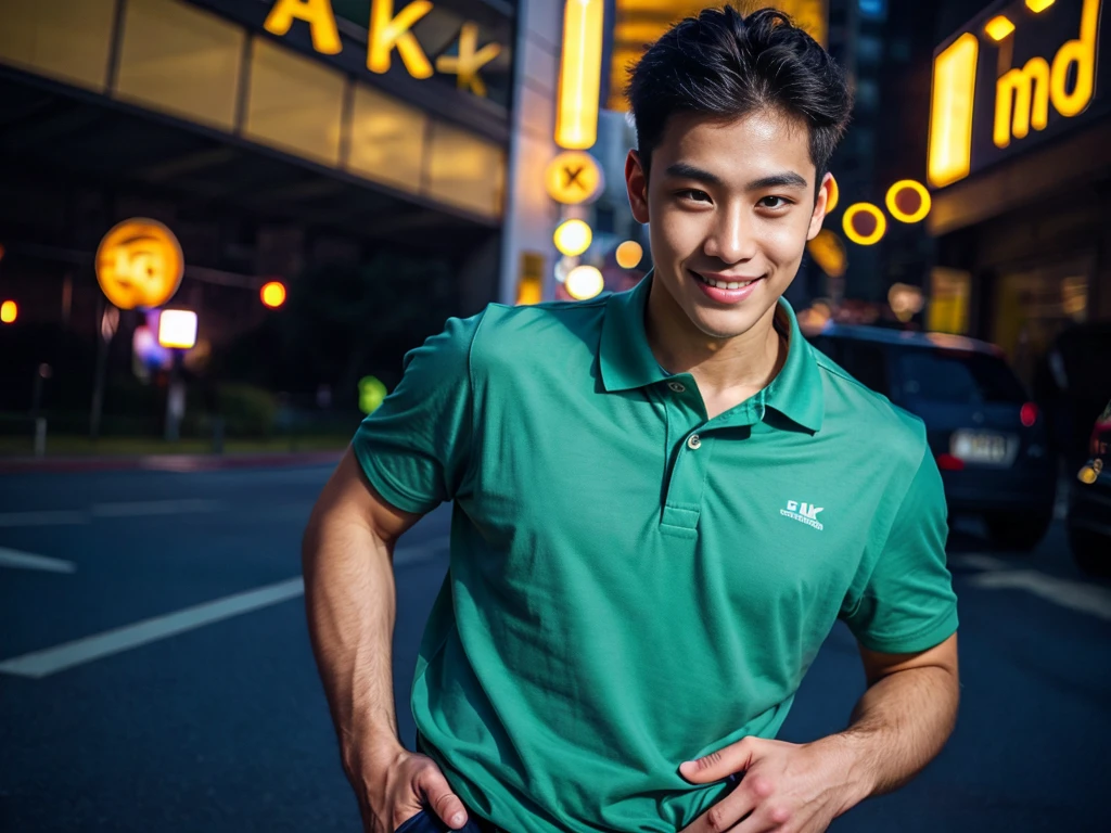 (best quality, 4K, 8k, high resolution, Masterpiece: 1.2), Special details, (realistically, As realistic as a photo, photo realistic: 1.37), Edge lighting, Extra detailed coloring, sharp focus, Physical rendering ,Extremely detailed description,professional,Bokeh,Portrait,look at the viewer, Young Asian man, 20 years old ,(Wear a navy polo shirt.), smile ,Wide yard
