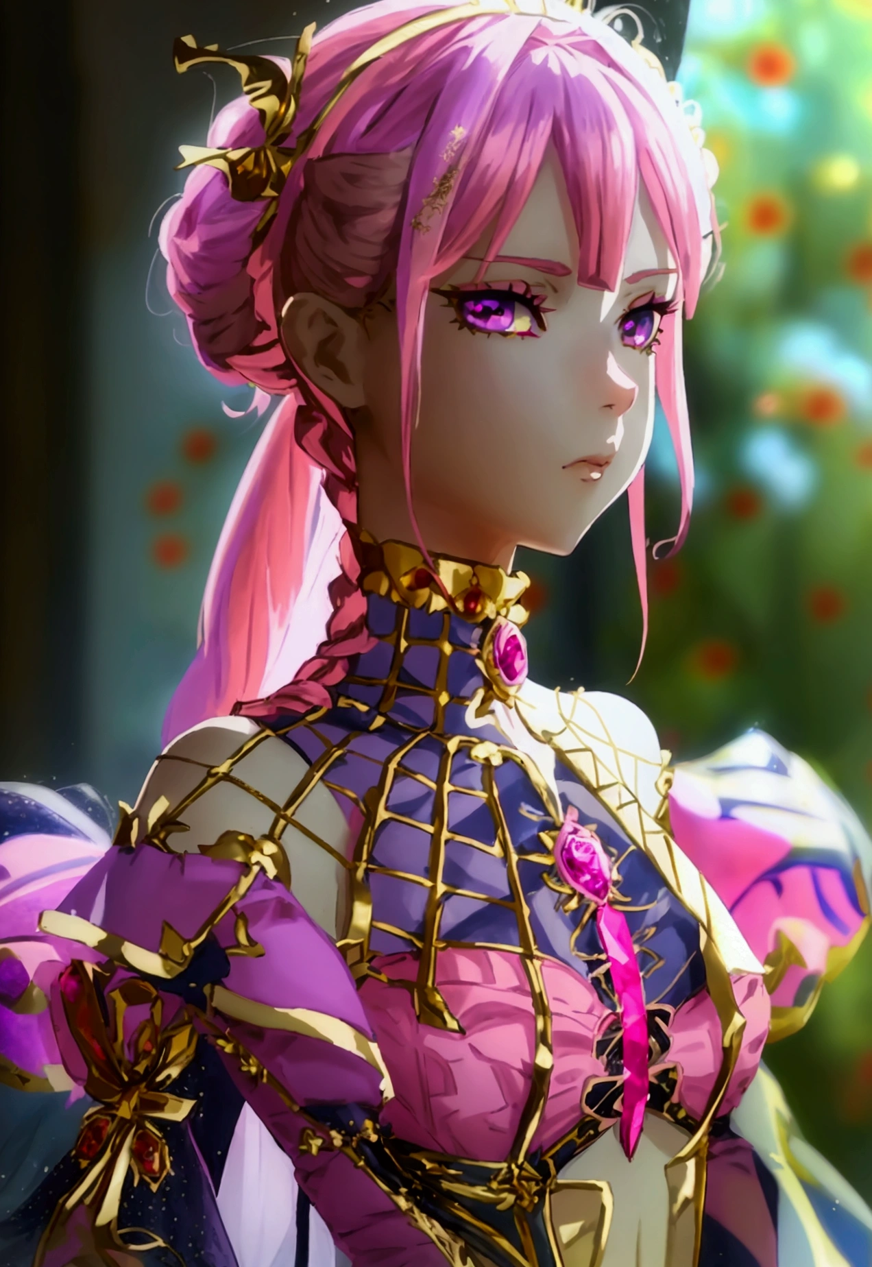 Create an anime-style girl with (((deep magenta eyes and long, wavy pink hair))) ((styled in an elegant frenchbraid)). (((She is slender, and  with small breasts))). ((Ensure a full-body shot of her)) wearing a (((magical girl-themed outfit.))) ((The outfit features a fitted bodice with a sweetheart neckline, gold embroidery, and pastel pink accents. The bodice has delicate rose gold spider web patterns. She wears a multi-layered knee-length skirt with a high-low hemline, the outermost layer sheer with gold and rose gold spider web patterns. She has off-the-shoulder puff sleeves, arm-length pastel pink gloves with gold trim, and a gold choker with a red gemstone. The outfit includes a short, detachable sheer cape with rose gold spider web patterns and is fastened with gold brooches. She wears pastel pink ankle boots with gold heels and rose gold laces. Accessories include a gold tiara with a red gemstone and gold spider-shaped hairpins.)) The overall look is regal and ethereal, with magical glowing effects. cutesexy, purinpuon pixiv, no future, a hyperrealistic , hyperrealistic , realistic , seductive (anime girl), smooth anime cg art, beautiful alluring anime teen, (purinpuon pixiv), ((magical girl)), (masterpiece), best quality, expressive eyes, perfect face ((Highest quality))、((8K))、(((8k wallpaper))) ((Full Body Shot: 1.5))、ultra detailed, masterpiece, best quality, solo ((purinpuon pixiv, no future)) (((purinpuon pixiv, no future)))