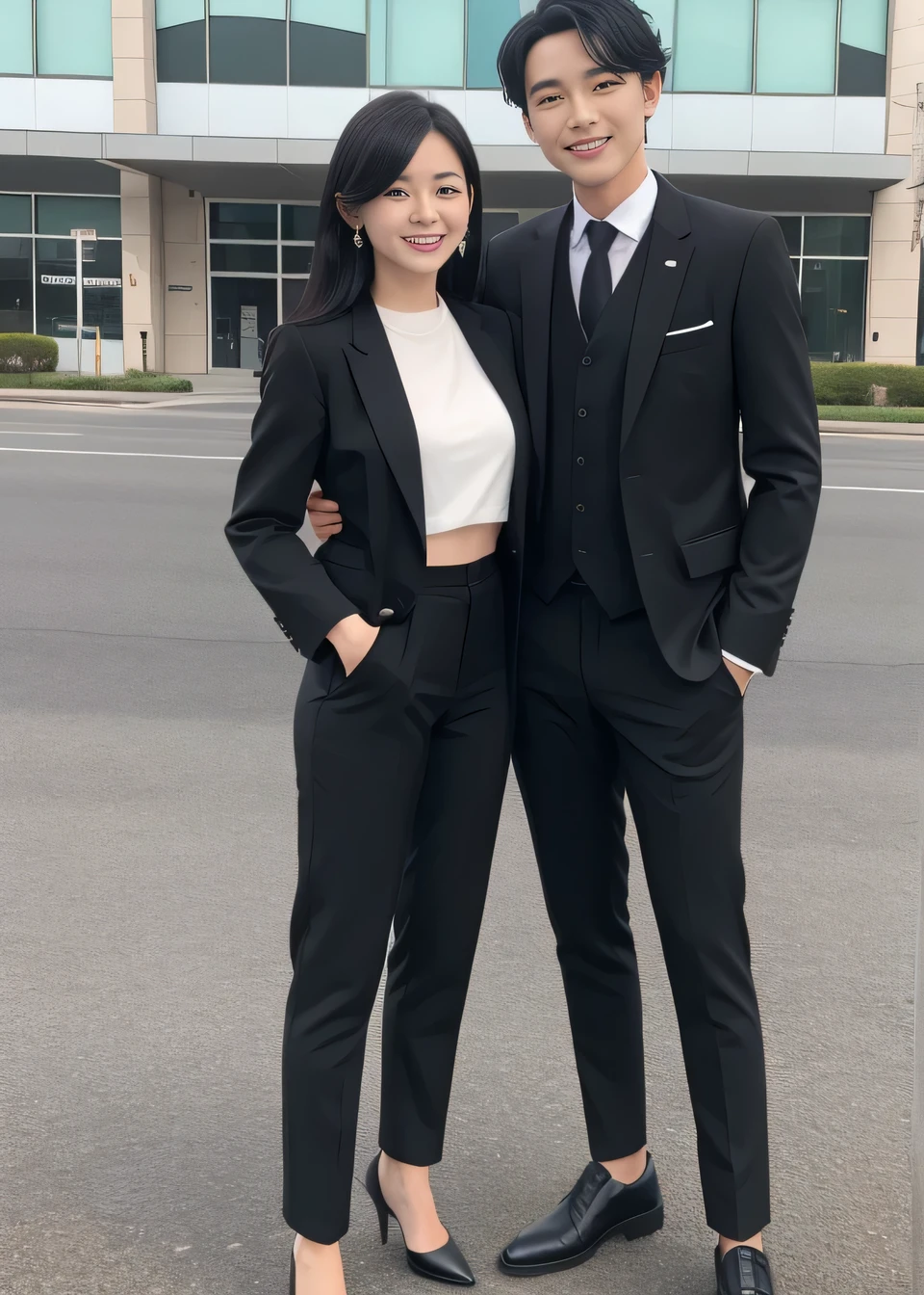 Highest quality, Photorealistic,Young people standing side by side2People Women、(Full body photo)、Outdoor,、Black Hair、Ear piercing、smile、Beautiful teeth alignment、 Black suit, Are standing, Jacket, Pants Style、Recruitment Suit,,, pumps, Task in Progress50%